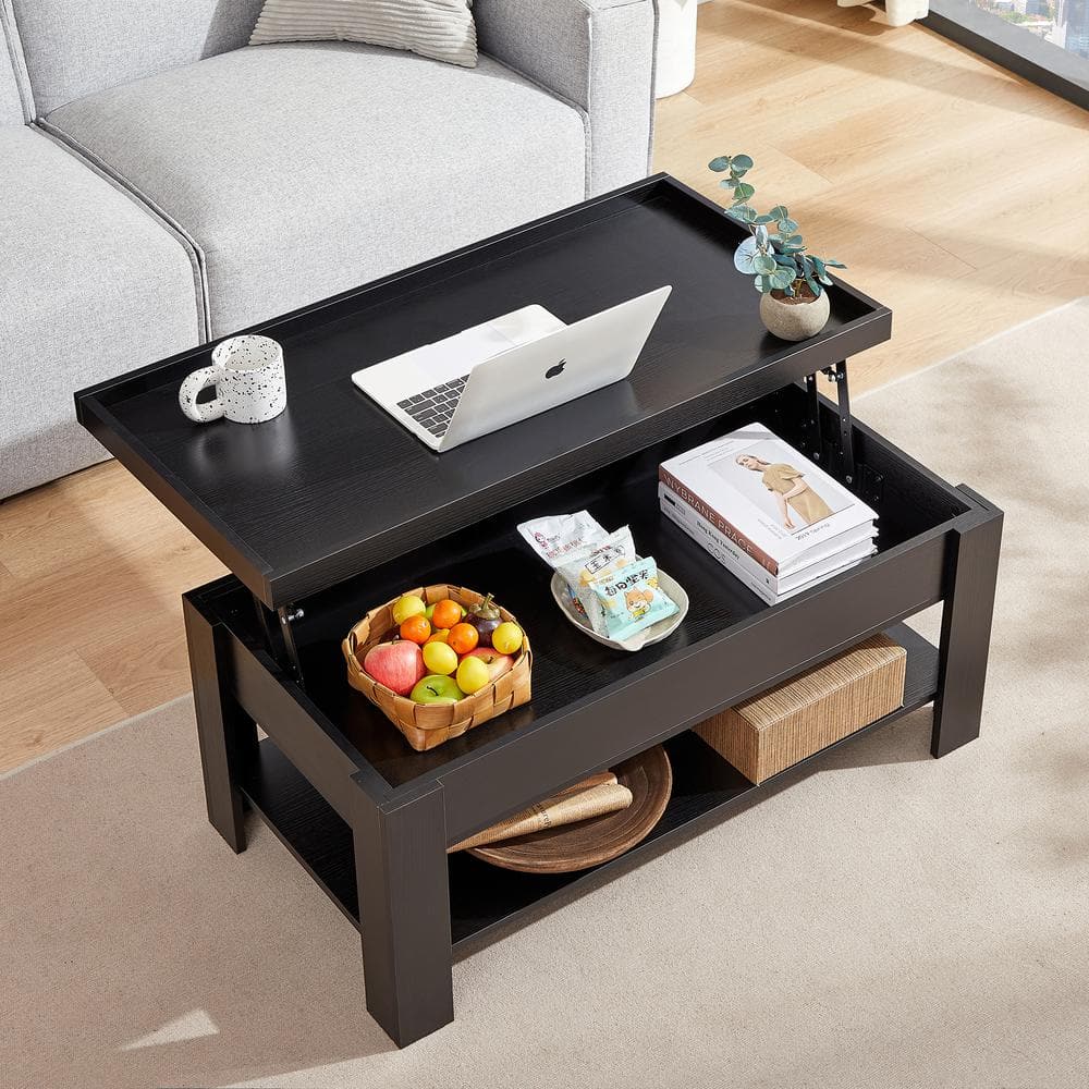 Black Metal and Wood Lift-Top Rectangular Coffee Table