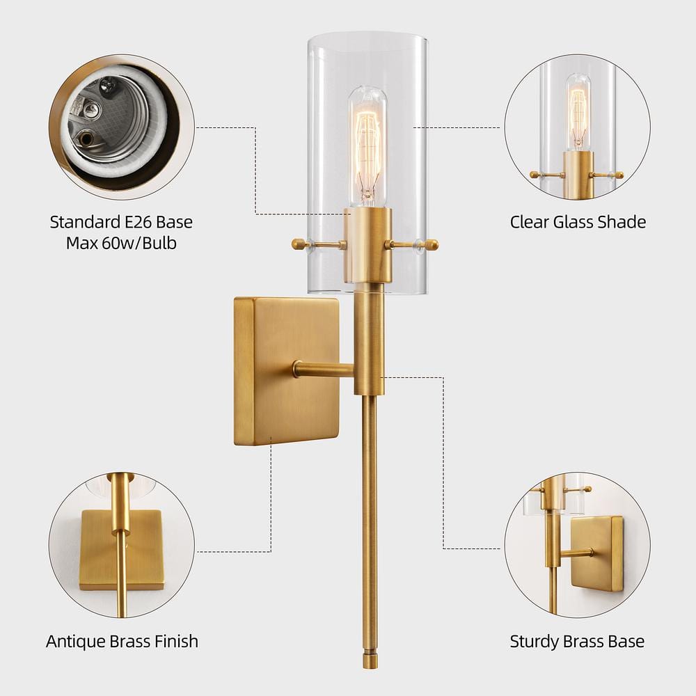 Antique Brass and Glass Dimmable Wall Sconce Set of 2
