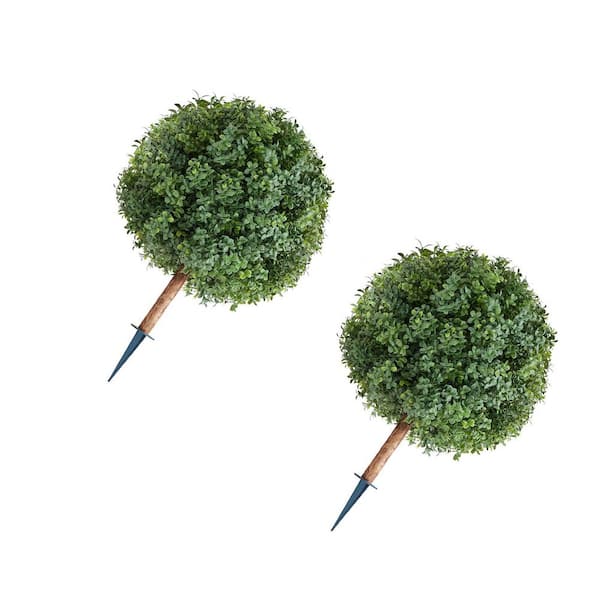 2.25 ft. Artificial Topiary Boxwood Trees with Ground Spike, 2-Pack Faux Shrubs and Bushes Potted Plants, Fake Silk Tree