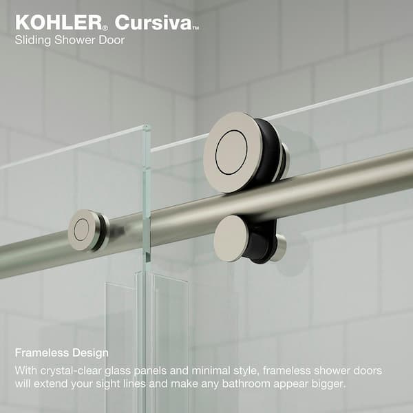 KOHLER Cursiva 56-60 in. W x 78 in. H Sliding Frameless Shower Door in Anodized Brushed Nickel