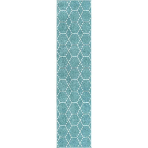 StyleWell Trellis Frieze Light Blue/Ivory Blue 2 ft. x 8 ft. Geometric Runner Rug