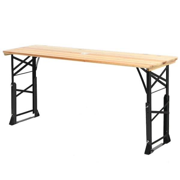 WELLFOR 66.5 in. Natural Folding Rectangular Wood Picnic Tables Heights Adjustable with 2.3 in. Umbrella Hole