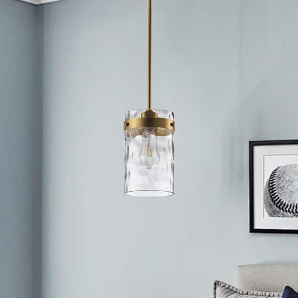 Modern 6.29 in. 1-Light Copper Pendant Light Hanging Adjustable Chandelier with Clear Hammerd Glass Shade