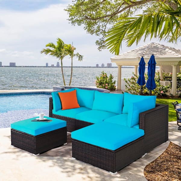 Ottoman 5-Piece Patio Rattan Sectional Conversation Set with Turquoise Cushions