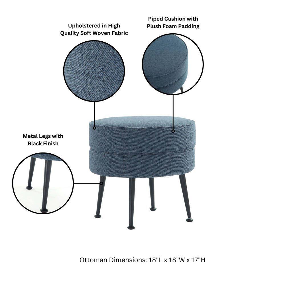 Bailey Blue Round Upholstered Ottoman with Black Stainless Steel Legs