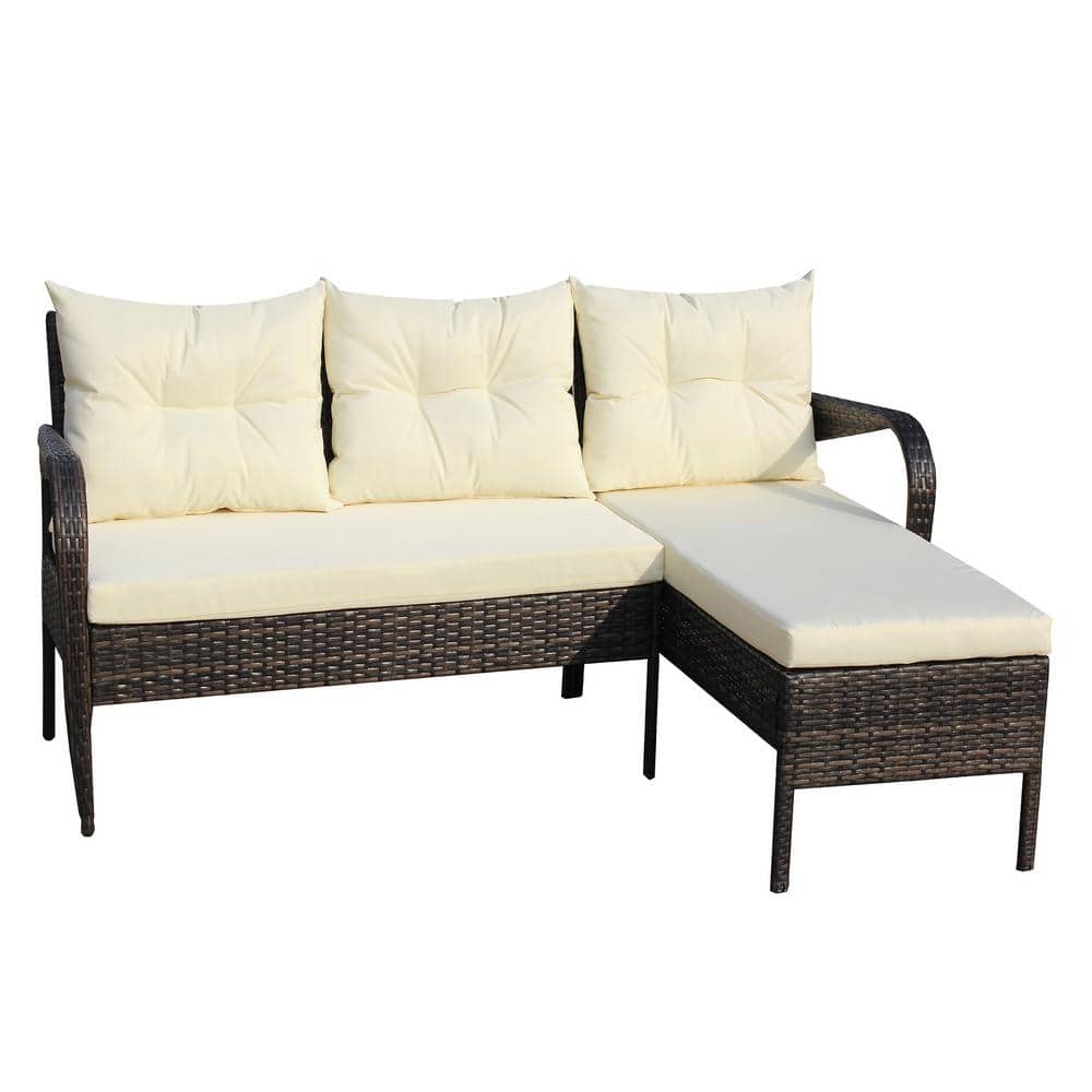 2-Piece Wicker Outdoor Sectional Sofa with Beige Seat Cushions and Back Cus