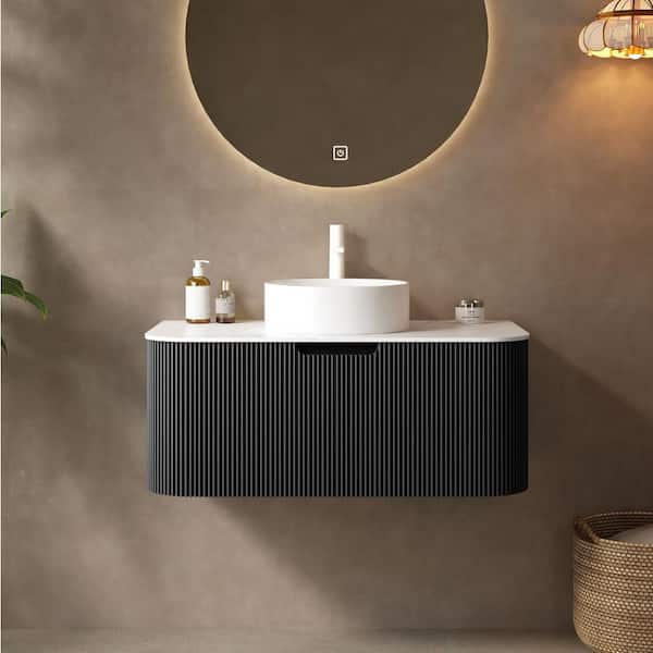 36 in. Floating Gray Bath Vanity with White Engineered Marble Top and Ceramic Vessel, Pre-assembled