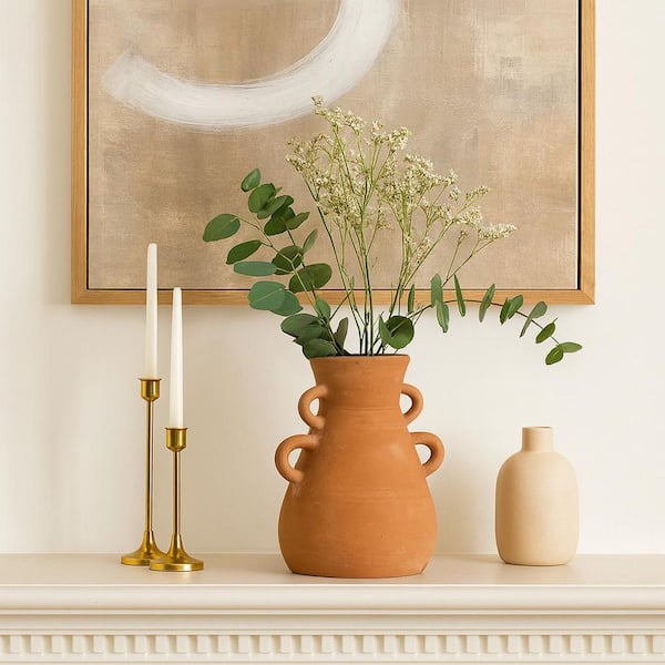 Liv & Skye 12 in. Brown Ceramic Amphora Four Handles Decorative Vase 18252-01