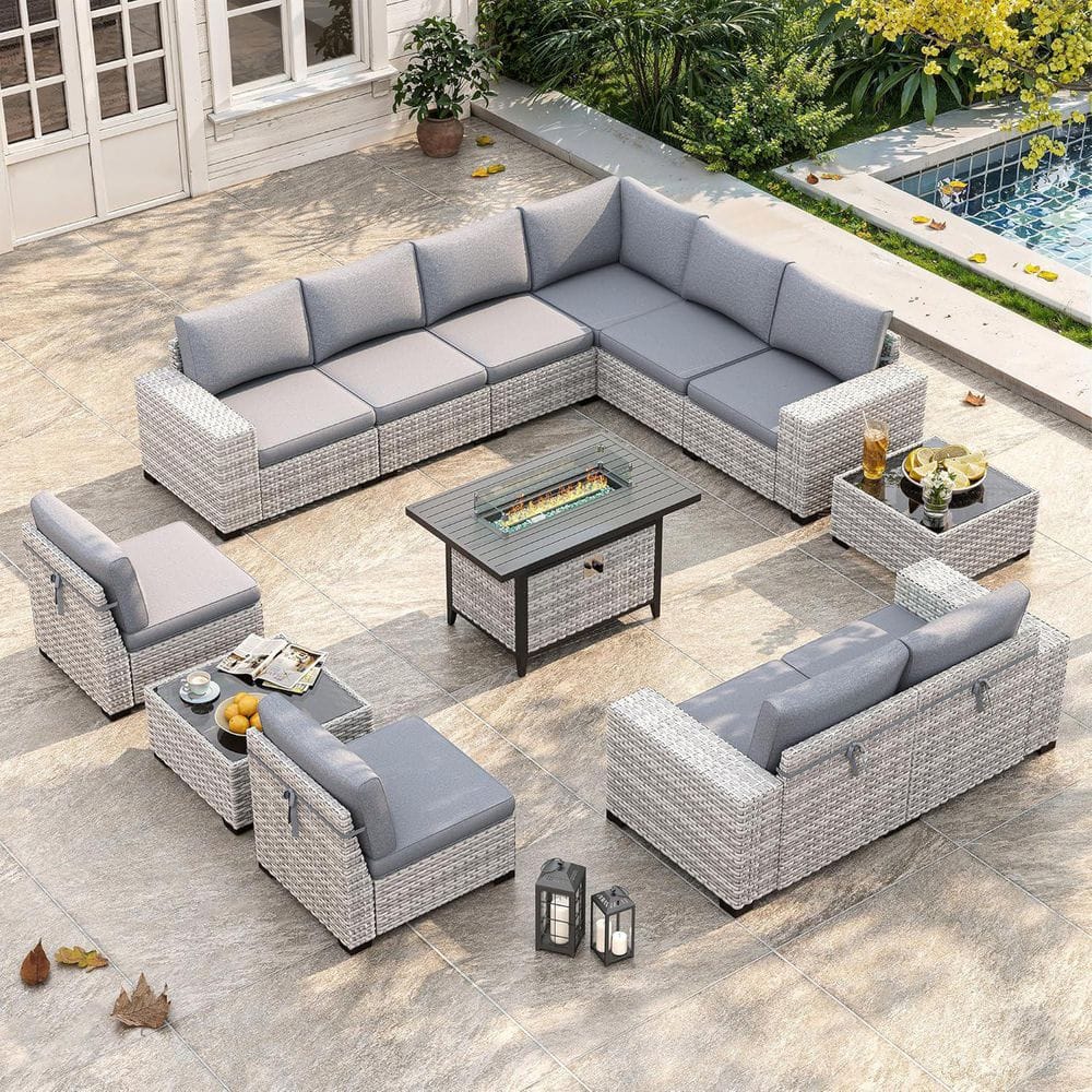 13-Piece Wicker Outdoor Patio Sectional Set with 55,000 BTU Fire Pit Table and Coffee Table, Gray price history on PriceWatchPro