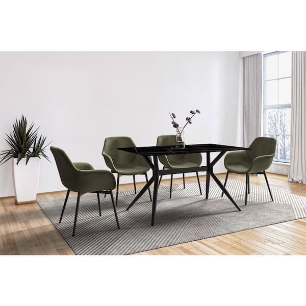 Leisuremod Elega Modern Dining Table 71 in. Sintered Stone Rectangular Top and 4 Legs Stainless-Steel in Black/Gold Seats 10+