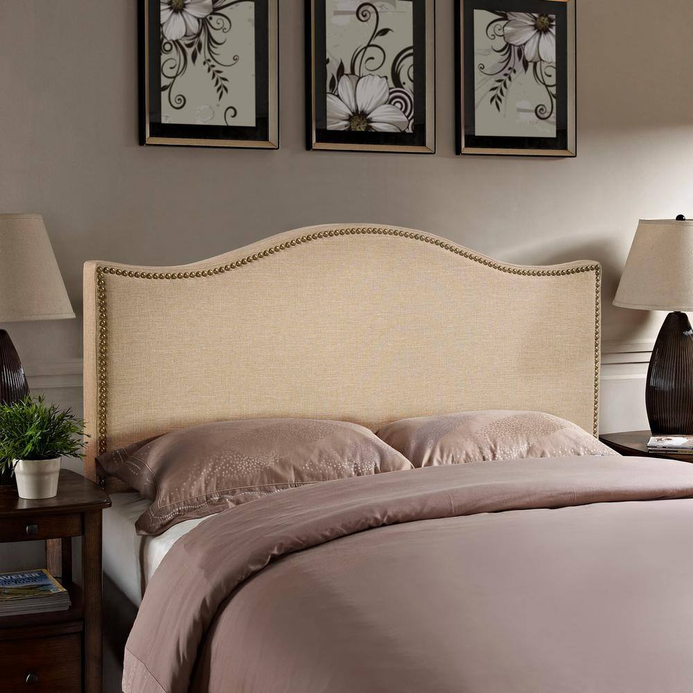 Beige Linen Upholstered Queen Headboard with Nailhead Trim