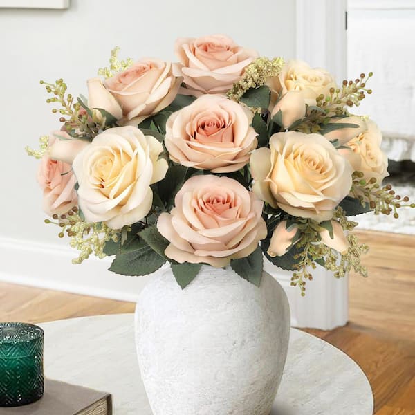 LIVING LUXURY 18 in. Champagne Mauve Artificial Rustic Rose Flower Stem Bush Bouquet (Set of 2)