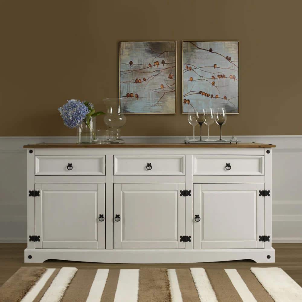 Cottage Series Distressed White Pine Wood Buffet Sideboard