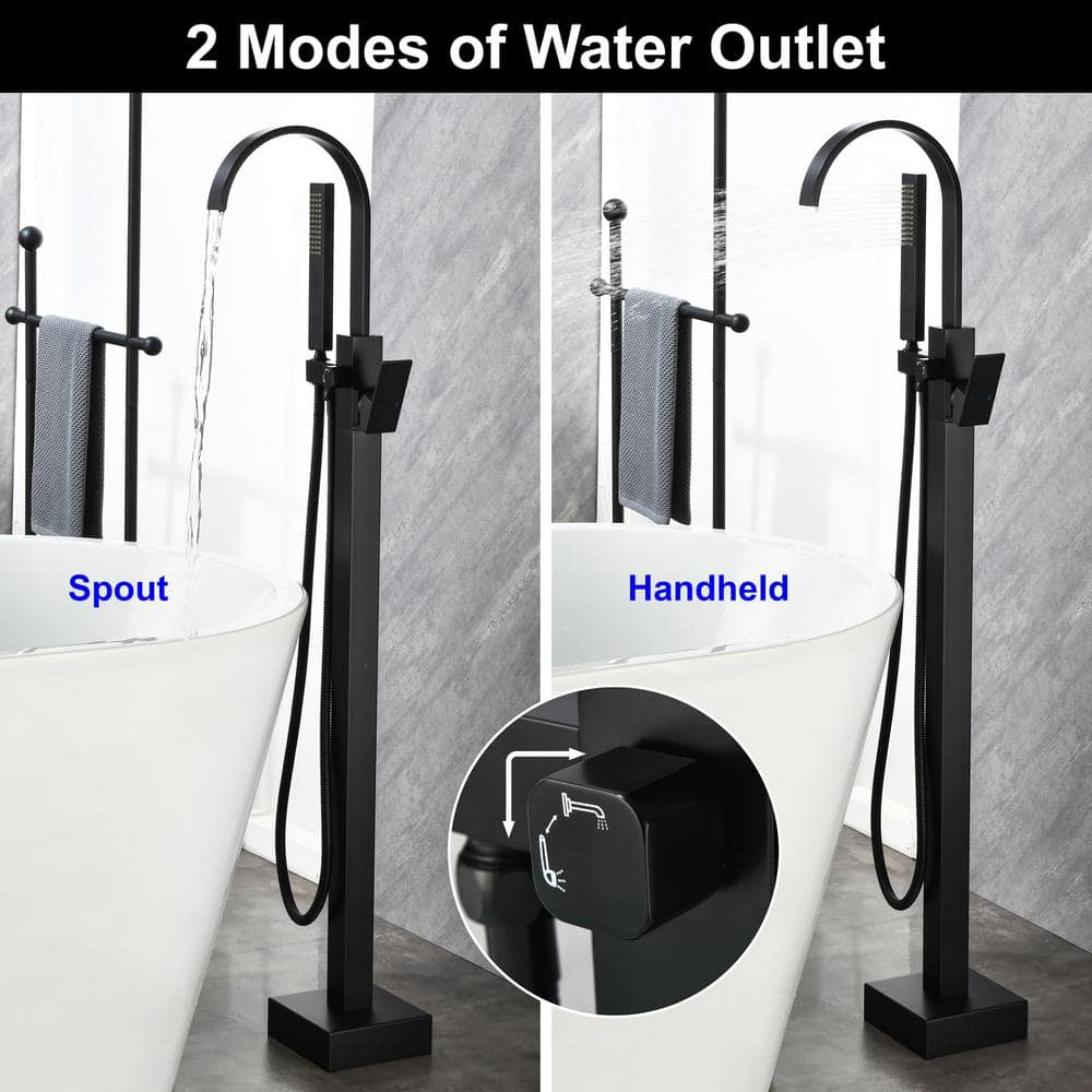 Matte Black Brass Freestanding Waterfall Tub Faucet with Hand Shower