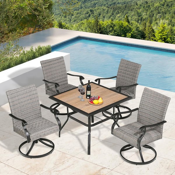 ULAX FURNITURE 5-Piece Wicker Outdoor Dining Set with Swivel Chairs and Wooden-Like Table