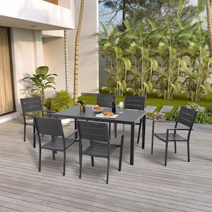 Bara Metal Rectangle Patio Table Set Outdoor Dining Chair Lounge Chair Recliner in Navy Set of 7