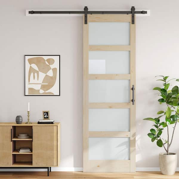 30 in. x 96 in. 5 Lite Frosted Glass Tan Unfinished Spruce Wood Assembly Required Sliding Barn Door with Hardware Kit