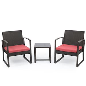 3-Piece Wicker Patio Conversation Set Coffee Table and 2 Rattan Chair with Red Cushions