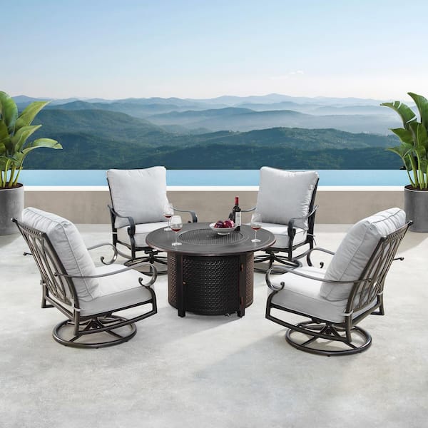 Oakland Living Rica Luxurious Antique Copper 5-Piece Aluminum Patio Fire Pit Deep Seating Set with Light Grey Cushions