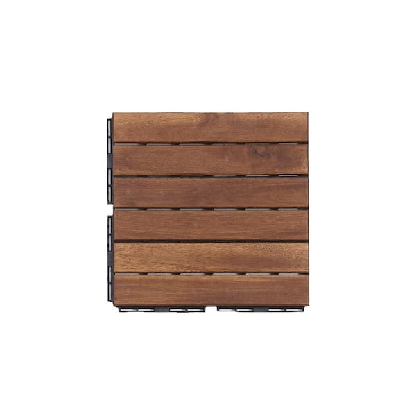 Tatayosi 12 in. x 12 in. Striped Pattern Outdoor Acacia Wood Interlocking Deck Tiles in Brown (10-Pieces)