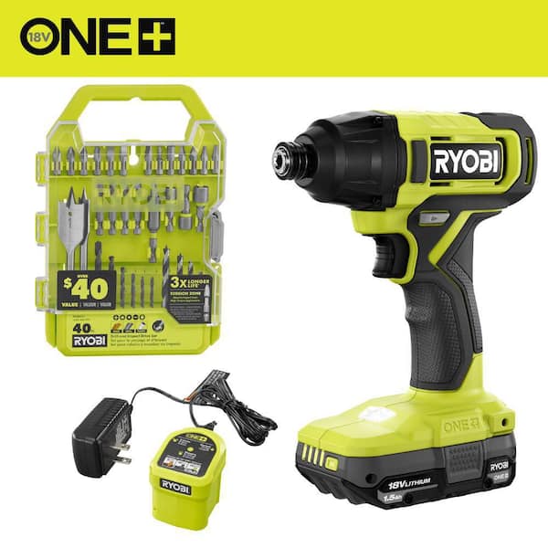 RYOBI ONE+ 18V Cordless 1/4 in. Impact Driver Kit with 1.5 Ah Battery, Charger, and Drill and Impact Drive Kit (40-Piece)