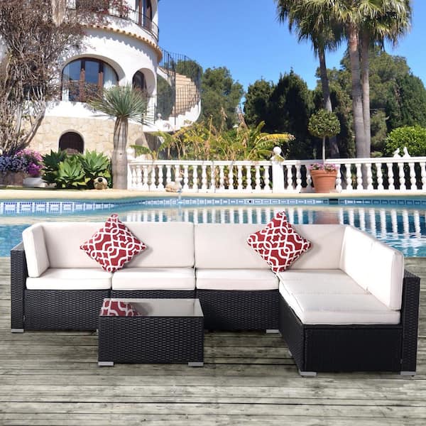waelph 7-Piece Wicker Patio Conversation Set with 2 Pillows, Coffee Table and Beige Cushions