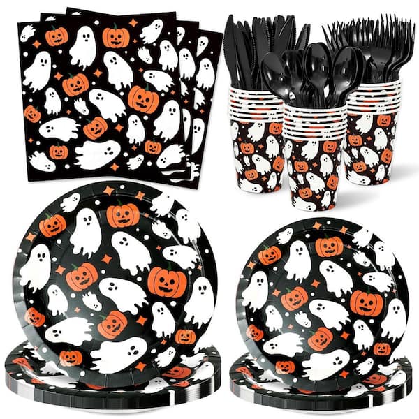 175-Piece Halloween Ghost Pumpkin Disposable Tableware Set with Plates, Napkins, Cups, Fork, Knife and Spoon for Party