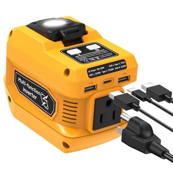 220W DC to AC Power Inverter for Dewalt 20V Battery with 1 AC Outlet 2 USB Ports & Type-C Fast Charging LED Light