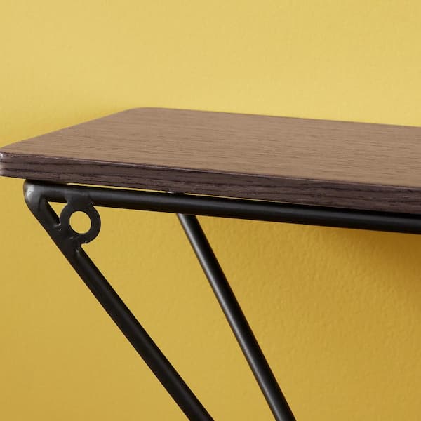 Wood and Black Metal Wall-Mount Geometric Floating Shelf (Set of 2)