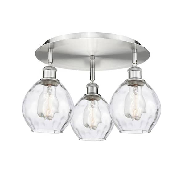Waverly 17.75 in. 3-Light Satin Nickel Industrial Flush Mount with Clear Glass Shade