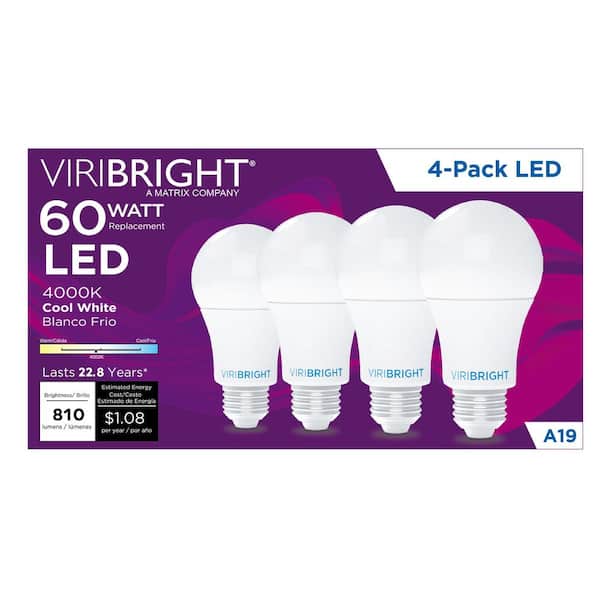 60-Watt Equivalent A19 Dimmable CEC Title 20 Compliant ENERGY STAR 90+ CRI E26 LED Light Bulb, Cool White 4000K (4-Pack)
