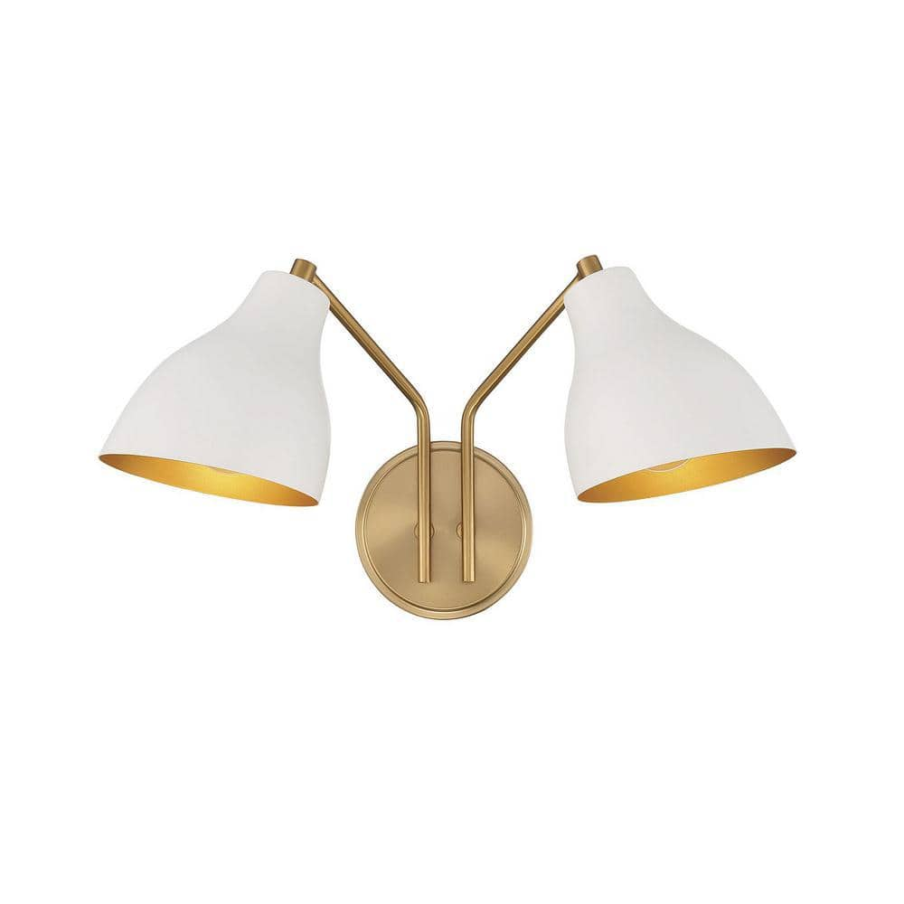 17.5 in. W x 9.58 in. H 2-Light White and Natural Brass Wall Sconce with White Metal Shades -  Savoy House, M90075WHNB