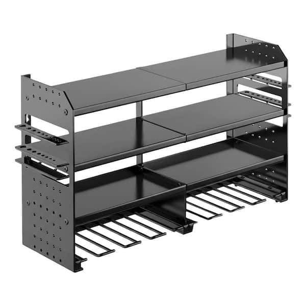 15.70 in. W Black Metal Heavy Duty Wall Rack with 4-Tier Storage, Drill, Screwdriver, Pliers Holder, Tool Organizer