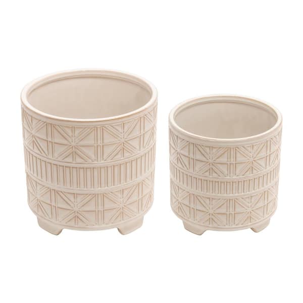 Liv & Skye 9 in. x 9 in. White Ceramic Abstract Geometric Footed Decorative Pots (Set of 2)