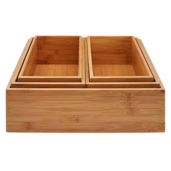 Miumaeov Bamboo Storage Bin Multi-Purpose Bins for Kitchen & Pantry 6 Pack Bamboo Fruit Basket Slotted Cabinet Shelf Storage Organizer Bin for