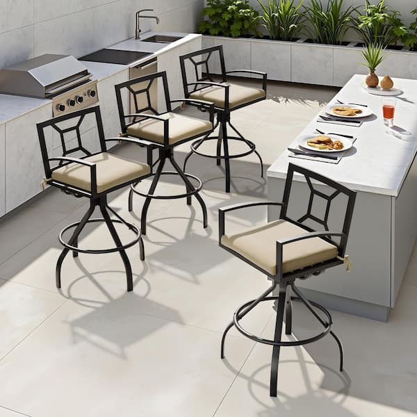 Swivel Metal Aluminum Outdoor Bar Stool with Sunbrella Canvas Antique Beige Cushion (4-Pack)