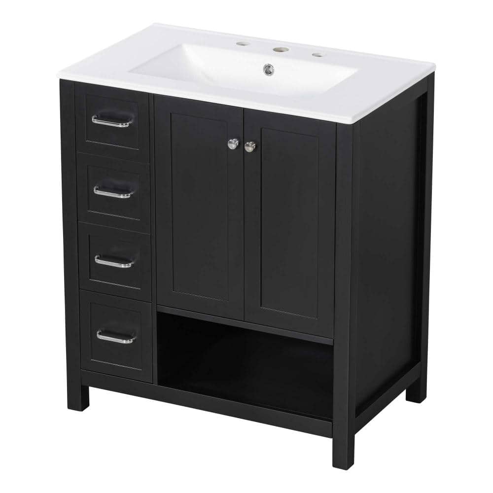30 in. Black Wood Bath Vanity with White Ceramic Top, 2 Drawers, 2 Doors, Open Shelf for Bathroom Storage, Organization price history on PriceWatchPro