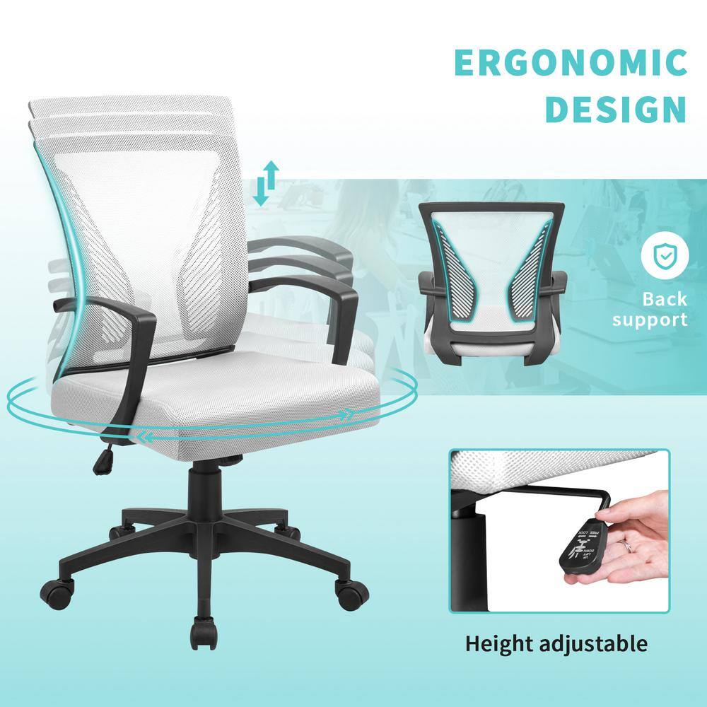 Infographic showing the ergonomic features and height adjustment of a white mesh office chair.