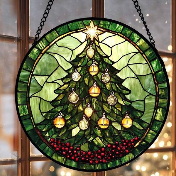 Green Christmas Tree Golden Bells Stained Glass Art Glass Window
