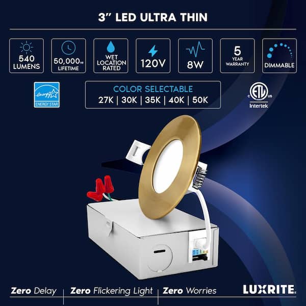 3 in. Ultra Thin Canless Integrated LED with J-Box, 8-Watt, 5CCT, Dimmable, 540 Lumens, Brass Trim, IC Rated