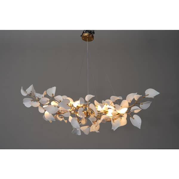 Gleam Flare 47" 6-Light Luxury Gold Rectangle Chandelier, Modern Ceramic Leaf Branch Chandelier for Dinning Room, Kitchen Island