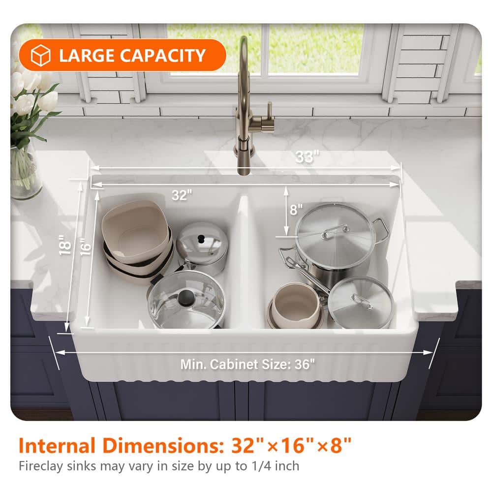 Eclipse 33" White Ceramic Double Basin Farmhouse Sink