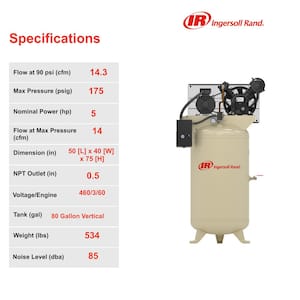 Type 30 Reciprocating 80 Gal. 5 HP Electric 460-Volt 3 Phase Air Compressor