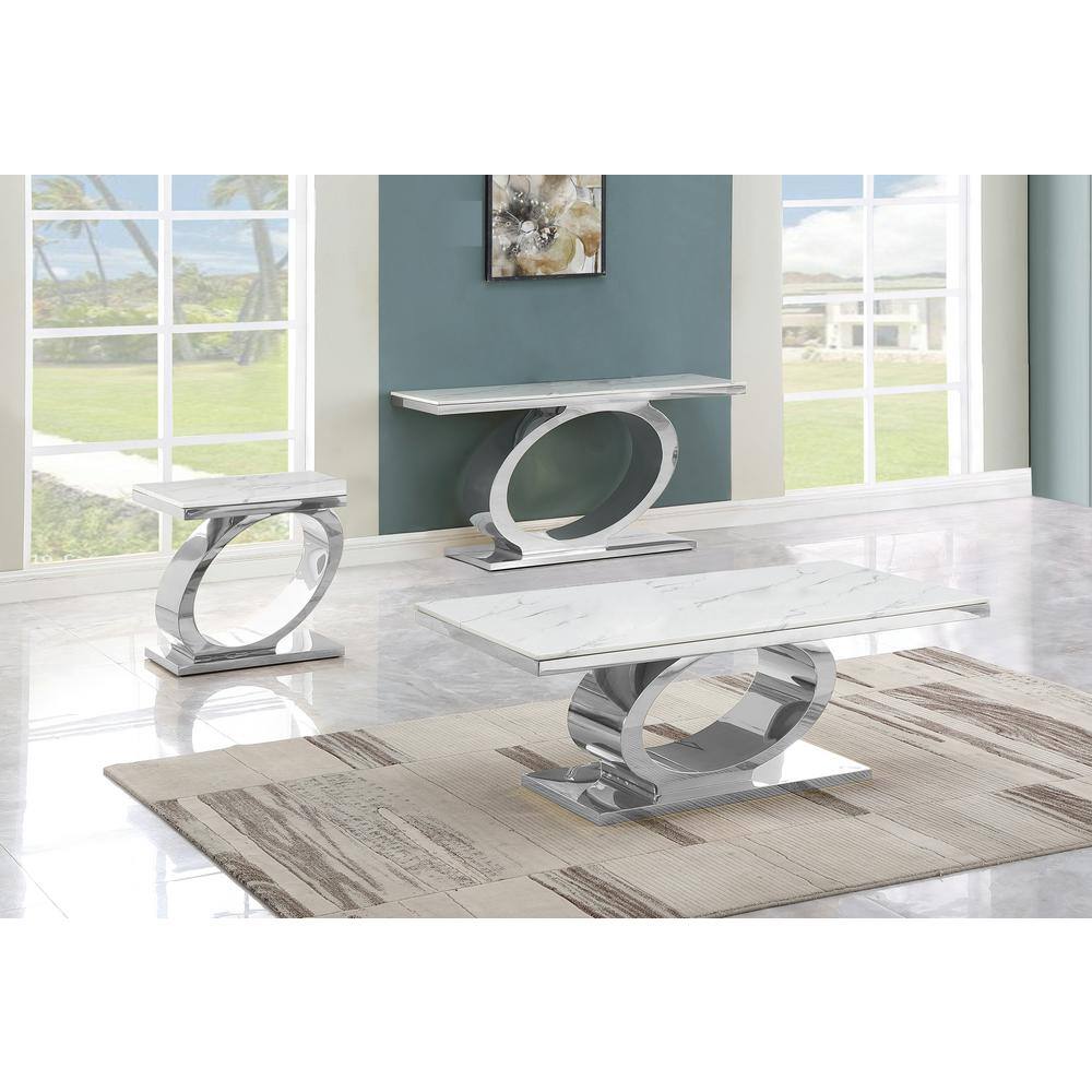 White Marble and Silver 3-Piece Coffee Table Set