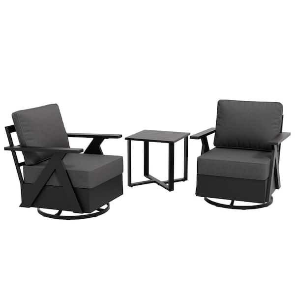 Modern 3-Piece Patio Set: 2 Swivel Rocking Chairs with Side Table Black Steel with Weather-resistant Gray Cushions