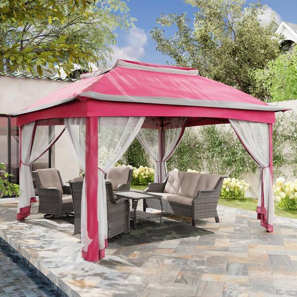 JOYSIDE 11 ft. x 11 ft. Pink Steel Pop-Up Gazebo with Mosquito Netting ...