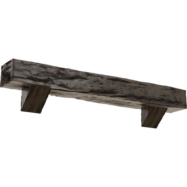 Ekena Millwork 4 in. x 6 in. x 7 ft. Riverwood Faux Wood Fireplace Mantel Kit with Breckinridge Corbels, Burnished Honey Dew