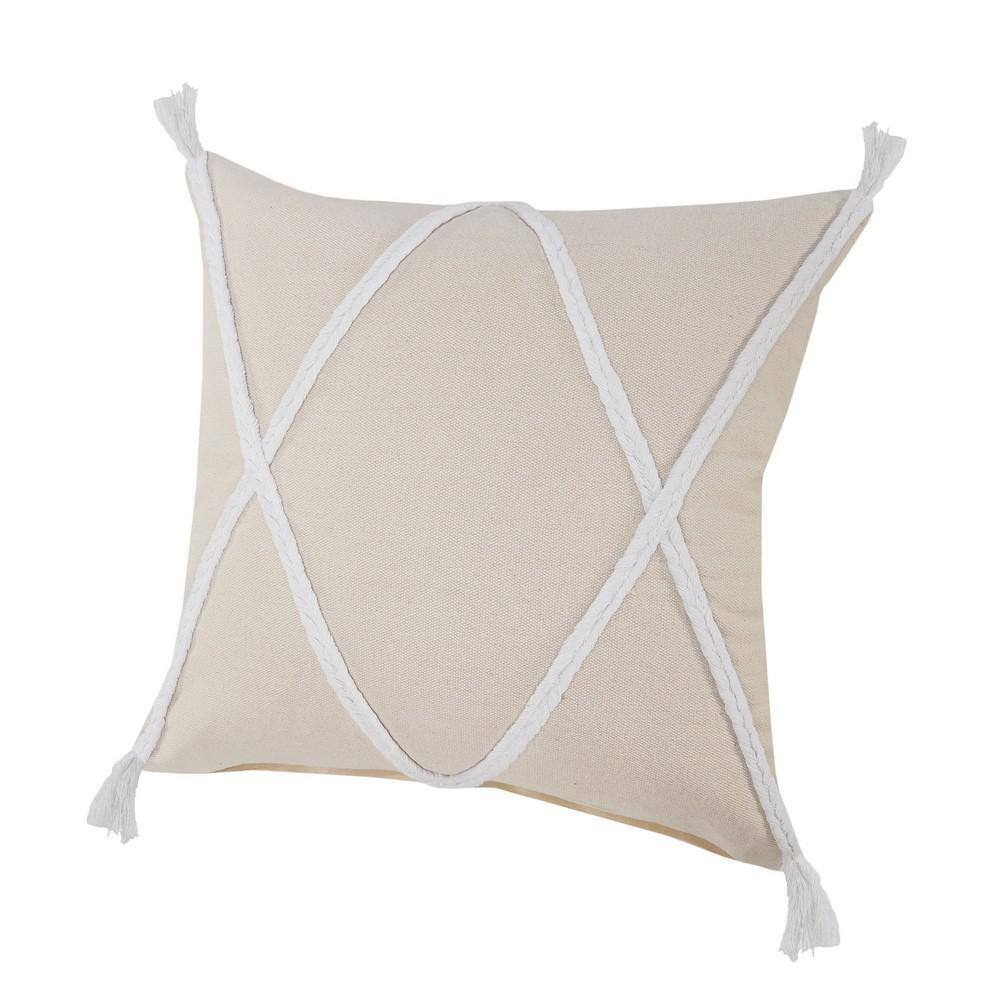 Birch and White Braided Tassel Square Throw Pillow, 20 in.