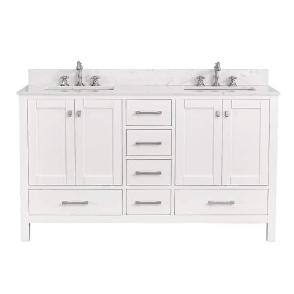 GlamourAura 60 in. W x 22 in. D x 39.24 in. H Double Sink Bath Vanity in White with White Engineered Stone Top