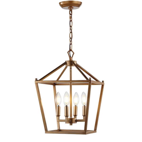 Pagoda 12 in. 4-Bulb Antique Gold Lantern Metal LED Pendant